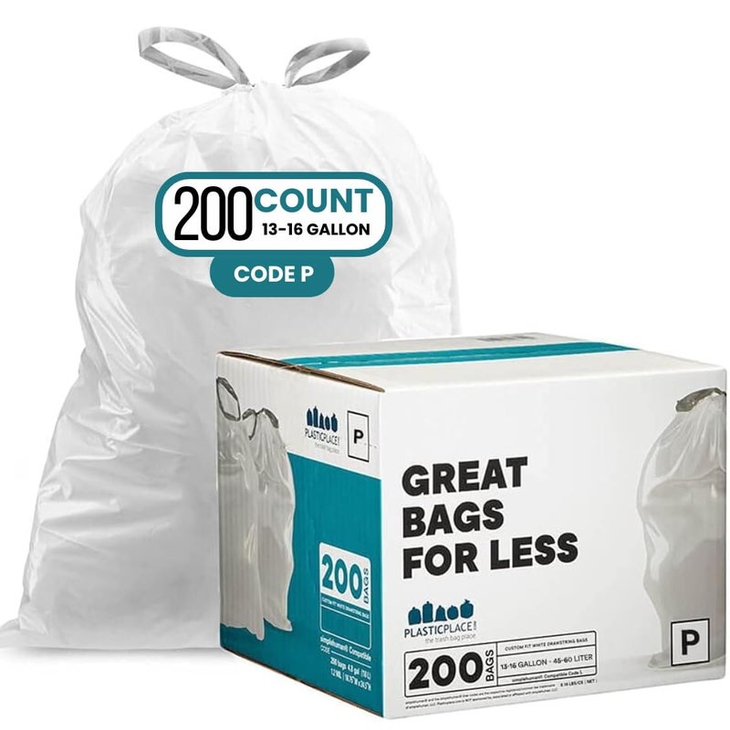 Plasticplace Drawstring Trash Bags, Compatible with simplehuman Code P, White Garbage Liners 13-16 Gallon / 50-60 Liter, 23.5" x 31.5", (200 Count) - Image 1